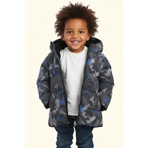 Blayn Jeans Kapüşonlu Desenli Su Geçirmez Çocuk Şişme Mont Gri