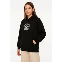 Üç İplik Kapşonlu Ön Ve Arka Baskılı Sweatshirt Hoodie- Siyah Siyah