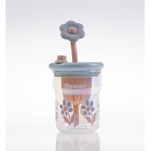 Çiçek Desenli Cam İçecek Bardağı, Çiçek Temalı Pipetli Bardak, Kapaklı,eglenceli Ve Dekoratif Tasarım, Mor,pembe,mavi,ve Yeşil Renk Seçenekleri Mavi Açık Kırmızı