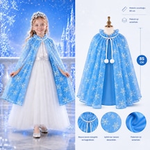 Kar Tanesi Desenli Mavi Elsa Pelerini - Astarlı Frozen Pelerini 85 Cm 5691