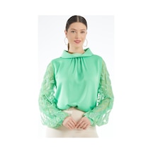 Modern Ve Şık Kadın Bluz - Transparan Taş İşlemeli Uzun Kol - Özel Gün Ve Davetler İçin Bluz Koyu Yeşil