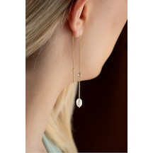 Nereze 925 Ayar Gümüş Gold Tektaş Detaylı İncili Zincir Küpe