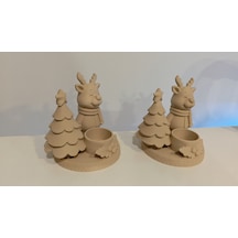 Yılbaşı Temalı Geyik Ve Çam Ağacı Temalı Dekoratif Mumluk 2' Li Set Bej