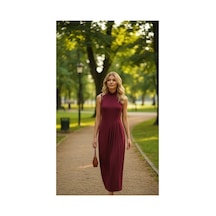 Zdnjeans Pileli Bordo Uzun Elbise