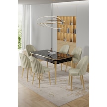 Canisa Rada Serisi 80x132 Açılabilir Lak Panel Siyah Mermer Desen Masa 6 Krem Sandalye Gold Detay Masa Siyah Mermer Desen Sandalye Krem Gold Ayak