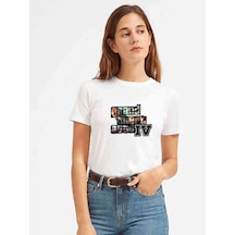 Gta V Yazı Ve Logo Kadın Beyaz Tshirt