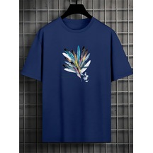 Unisex Renkli Tüy Desenli T-shirt - Baskılı Oversize Bisiklet Yaka Kısa Kol Tişört Lacivert