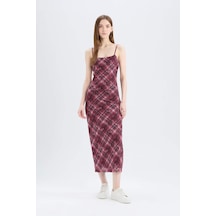 DeFacto Bodycon Vücudu Saran Kareli Tül Askılı Maxi Elbise D5034AX25SPBR248