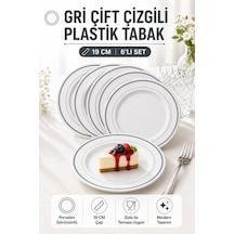 6'lı Set I Gümüş Çift Çizgili 19 Cm Plastik Tabak Porselen Görünümlü Davet Ve Misafir Sofraları