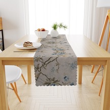 Sarmaşık Çiçek Desenli Gri Zemin Mavi Tarçın Dijital Baskılı Petek Dokuma Runner 40x140