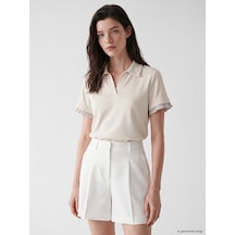 Lcw Comfort Bej Polo Yaka Fırfırlı Soft Touch Kadın Tişört