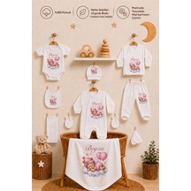 Pia Baby Kız Bebek Hastane Çıkışı 10 Parça %100 Pamuk Kişiye Özel İsimli Organik Baskılı Set 1032100x Ekru