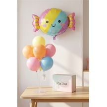 Şeker Figürlü Pastel Balon Stand Seti Şeffaf 7 Li Stand + Şeker Folyo Balon + 7 Makaron Renk Lateks Balon