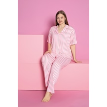 Rindahomewear Büyük Beden Cızgılı Desen Milan Düğmeli Kısa Kol Pijama Takımı Pembe