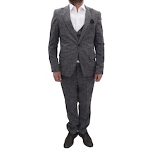 Twenhil Dmctekstil Erkek Tk-004 Desenli Italyan Kesim Dar Kalıp Tek Düğmeli Yelekli Takım Elbise Füme