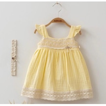 Kız Bebek Müslin Robası Dantelli Saç Bantlı Elbise-12663-sarı