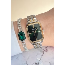 Bileklik Hediyeli Altın/metalik Yeşil Kadran Kadın Kol Saati 29 Mm Dikdörtgen Kasa 2 Yıl Garantili Rose Gold - Gümüş