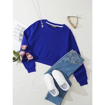 Kadın Basic Crop İçi Polarlı Oversize Sweatshirt - Saks Mavisi