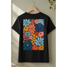 Spoyi Colorful Daisy Tasarımlı %100 Pamuk Yarım Oversize Siyah T-shirt