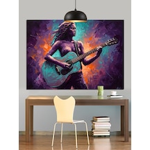 Mor Işıkta Gitar Çalan Kadın Dekoratif Kanvas - Mdf Ahşap Tablo