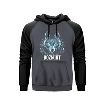 Buz Mavisi Bozkurt Başı Yazılı Baskılı Gri Renk Reglan Kol Sweatshirt Kapşonlu