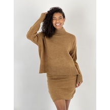 Miss Poem Düşük Omuz Boğazlı Kazak Mini Etek Camel Takım Camel
