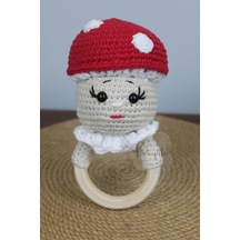 Aleylife Amigurumi Organik Mantar Çıngırak Diş Kaşıyıcı Bej - Kırmızı