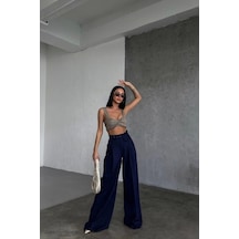 Defymoda Üç Düğme Detayli Palazzo Pantolon Lacivert