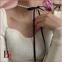 Siyah Kadife Kurdele - İnci Kadın Choker Kolye Siyah