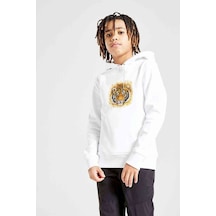 Tshirthane Turuncu Bengal Kaplan Yüz Çizimi Baskılı Unisex Çocuk Sweatshirt Beyaz