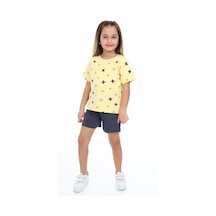 Toontoy Kids Toontoy Kız Çocuk 2'li Takım Baskılı Bisiklet Yaka T-shirt & Beli Lastikli Cepli Şort Sarı