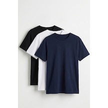 Elemge 3'lü Pamuk Likra Vücuda Oturan Magic Fit Erkek T-shirt Compact Penye Kısa Kol Esnek Tişört Elastan Siyah-beyaz-lacivert
