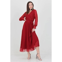 Neşeli Butik Kadın Bordo Yeni Sezon Astarlı Kruvaze Yaka Uzun Şifon Elbise Nb003 Bordo