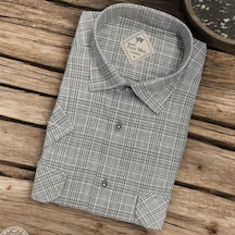 Linen Keten Klasik Kısa Kollu İki Cepli Kapaklı Gri Baba Gömleği Regular Kalıp -10115 Gri