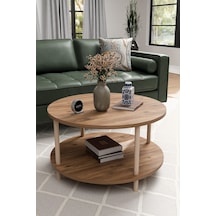 Alpaevmobilya Modern Yuvarlak Orta Sehpa 60 Cm 2 Raflı Ahşap Ayaklı Çok Amaçlı Organizer Sehpa Atlantik Çam