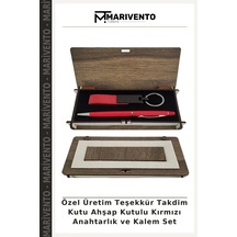 Özel Üretim Teşekkür Takdim Kutu Ahşap Kutulu Kırmızı Anahtarlık Ve Kalem Set