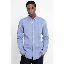 Tudors Slim Fit Uzun Kol Keten Premium Seri Düğmeli Yaka Spor Mavi Gömlek-27183-mavi Mavi