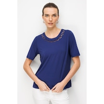 Kadın Sıfır Yaka Yakası Çift Şeritli Taşlı Penye T-shirt Lacivert Lacivert