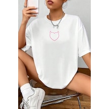 Unisex Şeytan Kalp Baskılı Oversize Tshirt Beyaz
