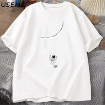 Tarzsokak Funny Moon Swing T Shirt Men Women Astronaut Tshirt Cotton Short Sleeve Loose T-shirt Casual 3058 Beyaz