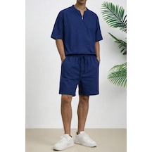 Tarz Cool Erkek Oversize Şort Takım V Yaka Yırtmaçlı Tişört Rahat Kesim Yazlık Takım Lacivert