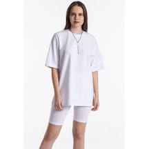 Startmore Beyaz Renkli, Düz, Kısa Kollu Boyfriend T-shirt Ve Biker Tayt Takım Beyaz