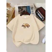 Uyguntarz Çocuk Dalda Uyuya Kalmış Maymun Baskılı Tasarım Tshirt Bej
