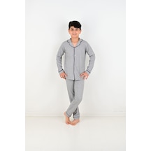Vitmo Erkek Çocuk Uzun Kollu Pamuklu Düğmeli Pijama Takımı Mini Kare Gri