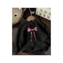 Herkesemoda Kurdele Baskılı İçi Polarlı Kapüşonlu Sweatshirt Siyah