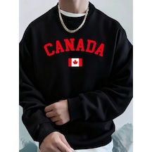 Startmore Tarzsokak Kanada Baskılı Bayraklı Erkek Kapüşonlu Üstleri Sonbahar Bol Sweatshirt Hip Hop Yuvarlak Yaka Siyah