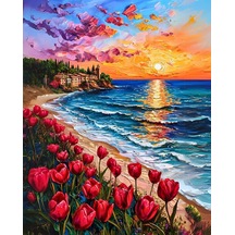 Sayılarla Boyama Numaralı Tuval Seti Fırça Boya Dahil 40x50cm - Kırmızı Laleler Ve Günbatımı Sahil