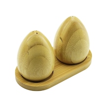 2 Pcs - Yumurta Modeli Ahşap Bambu Tuzluk - Baharatlık Ahşap Standlı Çok Renkli