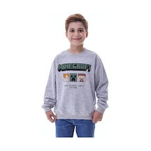 Minecraft Baskılı Erkek Çocuk Sweatshirt Gri Gamer Oyun Temalı Gri