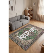 Deira 01 Yeşil Vintage Eskitme Keep Off Yazılı Etnik Motifli Renkli Antre Ofis Ev Oda Salon Halısı